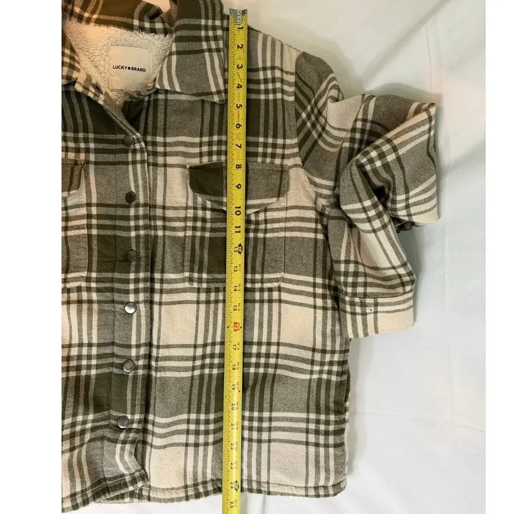Lucky Brand Olive Green/Cream Plaid Sherpa Lined Shacket Jacket Size Large